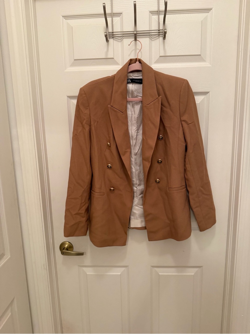 Zara Double-Breasted Tan Blazer with Gold Buttons